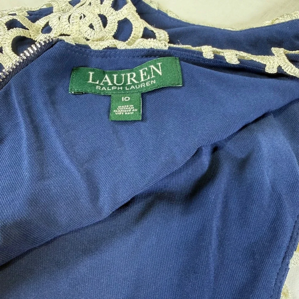 LRL Ralph Lauren Navy & White Crochet Lace Sheath Dress Size 10 Sleeveless